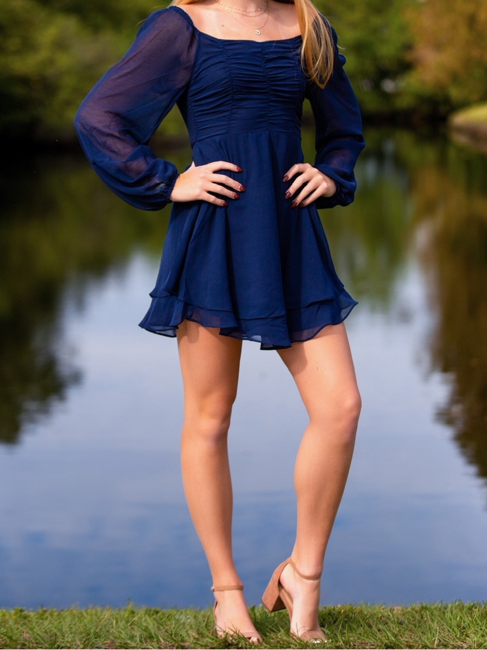 Altar'd State Navy Blue Chiffon Long-Sleeve Mini Dress
